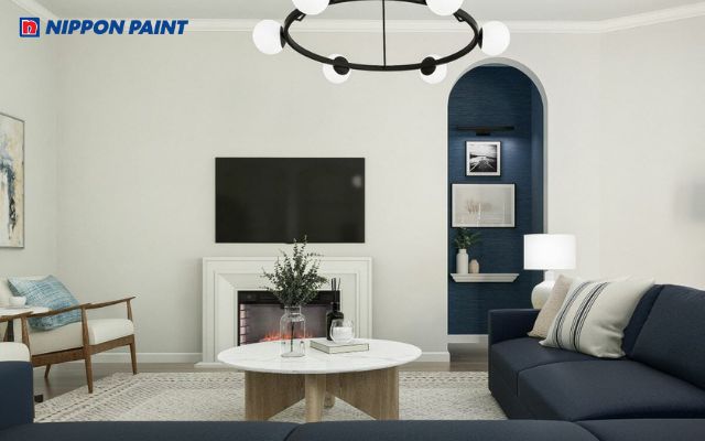 Phối sơn nhà trắng sữa với xanh dương đậm làm điểm nhấn