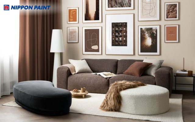 Phối xám sáng làm nền với mảng nhấn nâu đất nhạt