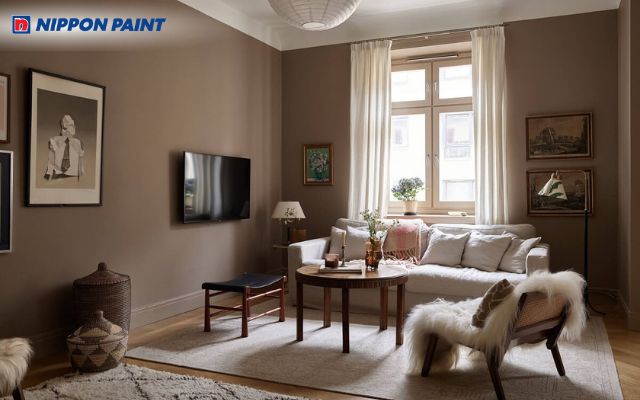 Tường sơn nâu đất nhạt phối cùng trắng sữa