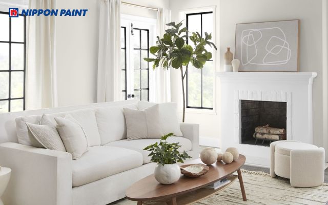 Nhà sơn trắng kem phối với ghi sáng cho khu vực phòng khách
