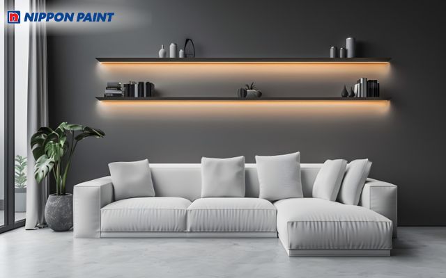 Không gian xám đậm kết hợp với nội thất trắng nổi bật, sang trọng