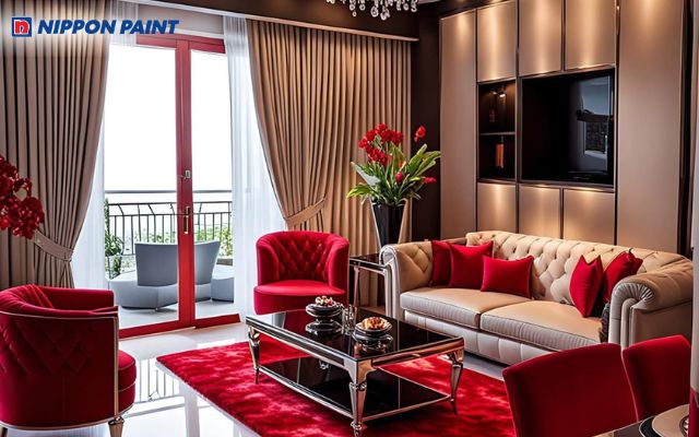 Sắc đỏ kết hợp trắng, đen và nâu tạp nên không gian nổi bật, tinh tế