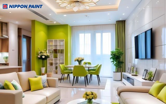 Không gian nhà ở lấy tông màu xanh lá tươi trẻ