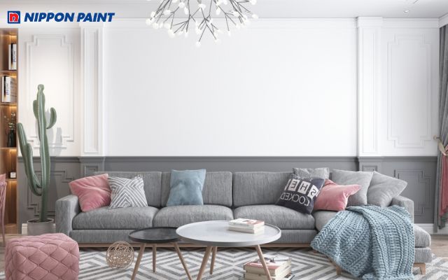 Không gian tường trắng kết hợp với nội thất tông màu ghi độc đáo