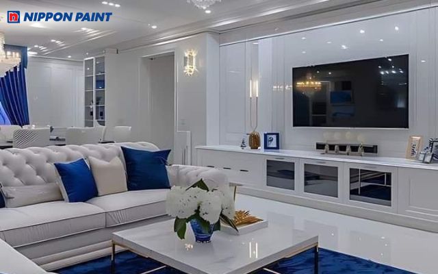 Không gian nhẹ nhàng với nền trắng và điểm nhấn xanh da trời