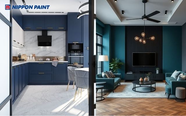 Xanh ghi lạnh phối đen mờ, tối giản và hiện đại