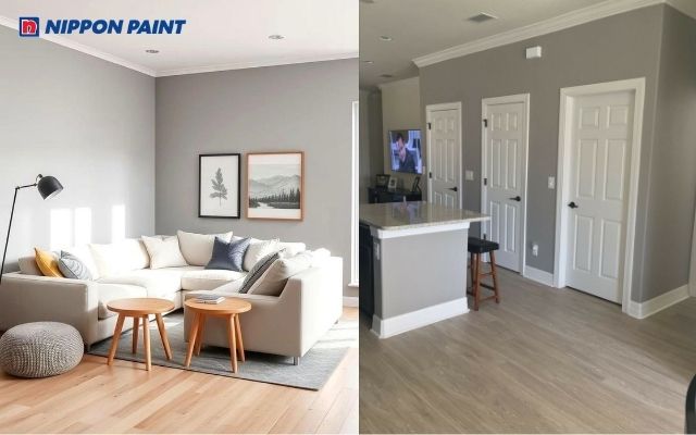 Xám sáng cùng nội thất be, ánh kim cho không gian thanh lịch