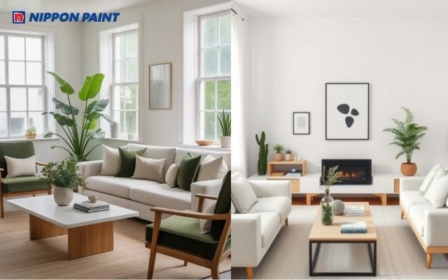 Xanh lá nhạt phối trắng, thoáng và hiện đại