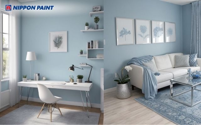 Xanh dương đậm kết hợp trắng kem, nổi bật vừa đủ