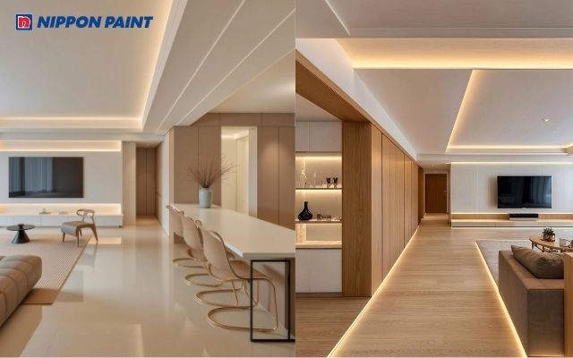 Màu sơn trắng kem kết hợp trần trắng tạo cảm giác rộng rãi, thanh lịch