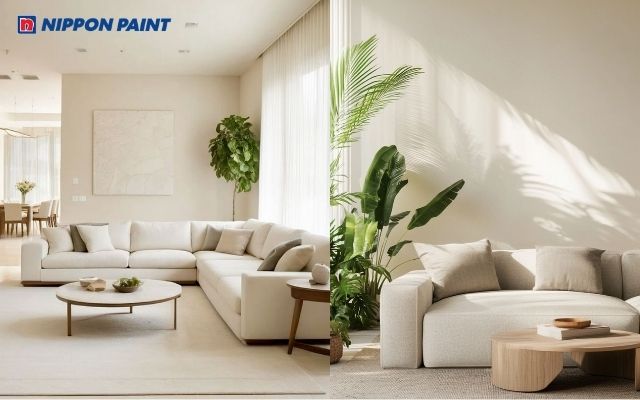 Tường trắng sữa, chân tường nâu đất nhạt, giúp không gian ấm áp