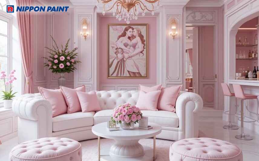 Sống giữa sự dịu dàng với phòng khách mang tone màu hồng nhẹ nhàng nhưng đầy tinh tế