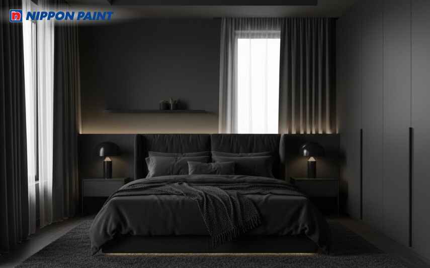 Tông màu đen huyền bí xóa nhòa các ranh giới trong phòng