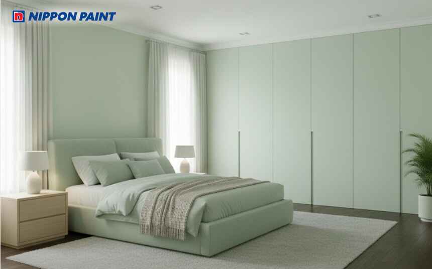 Mang hơi thở tươi mát của cỏ cây vào phòng ngủ với tông màu xanh nhạt nhẹ nhàng