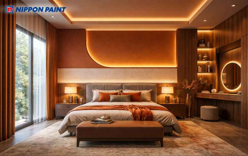 Điểm nhấn tường màu cam đất phối mang đến vẻ đẹp tĩnh lặng cho giấc ngủ sâu