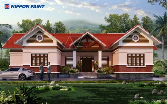 Ngoại thất màu Cam đất phối với mái ngói đỏ truyền thống