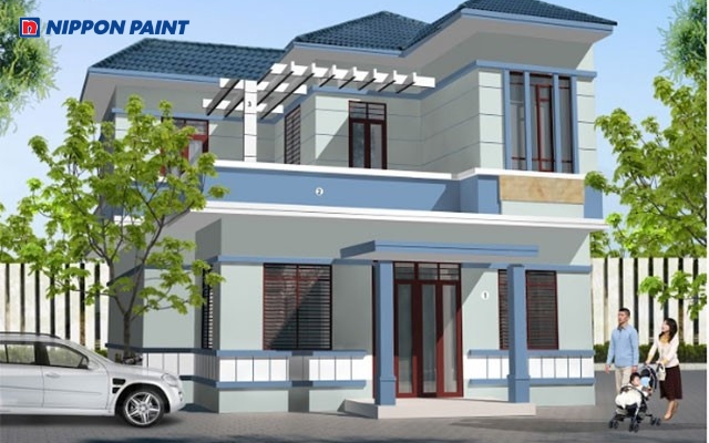 Ngoại thất màu Xanh nước biển phối cùng hệ cột xám ghi