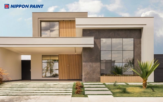 Ngoại thất màu Vàng be phối với gạch ốp tường màu nâu sẫm