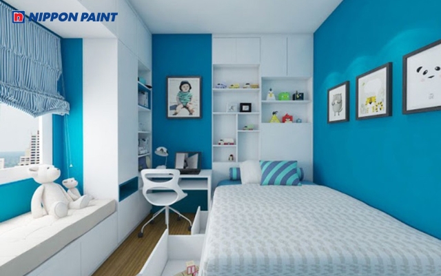 Phòng ngủ Xanh dương pastel phối với ga trải giường màu trắng tạo cảm giác nhẹ nhàng