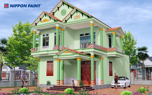 Sơn ngoại thất màu Xanh lục thanh nhã phối hài hòa với cửa gỗ nâu tự nhiên