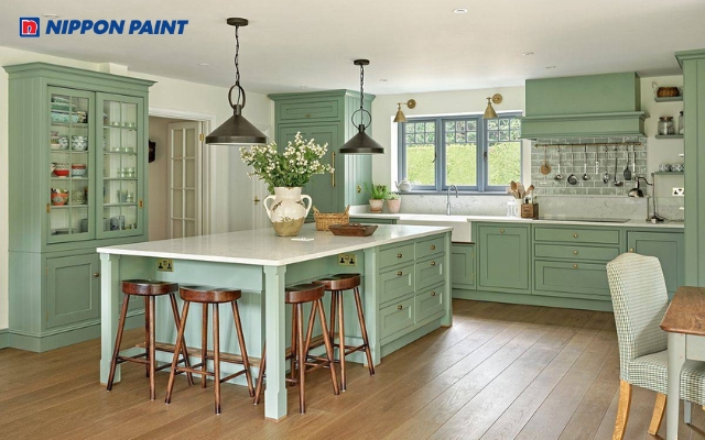 Không gian bếp tô điểm bằng màu Xanh lá tươi mát, kích thích cảm hứng nấu nướng