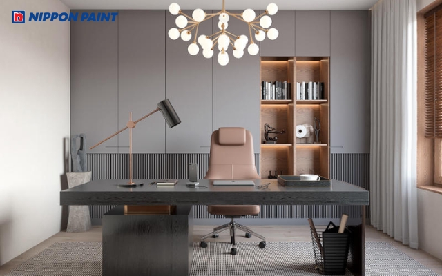 Sử dụng màu Xám đậm cho mảng tường tạo điểm nhấn trong phòng làm việc