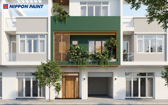 Mặt tiền nhà ống xanh lá cây đậm tươi mát năng động