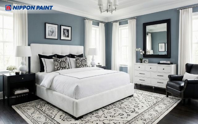 Phòng ngủ master xám xanh phối trắng đen tương phản