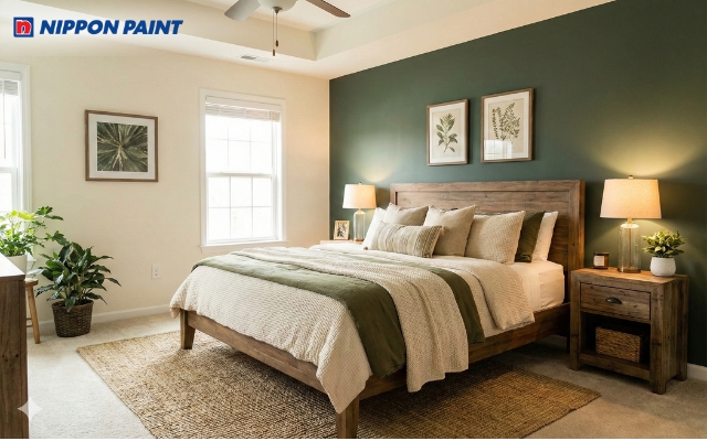 Phòng ngủ master xanh rêu trầm ấm cúng và tinh tế