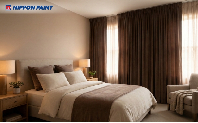 Phòng ngủ master màu latte phối rèm nâu sô-cô-la