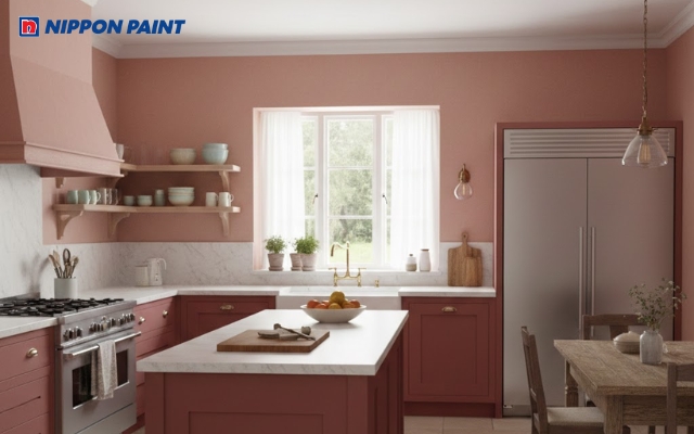 Phòng bếp sơn màu đỏ, phối trắng sang trọng và đầy năng lượng