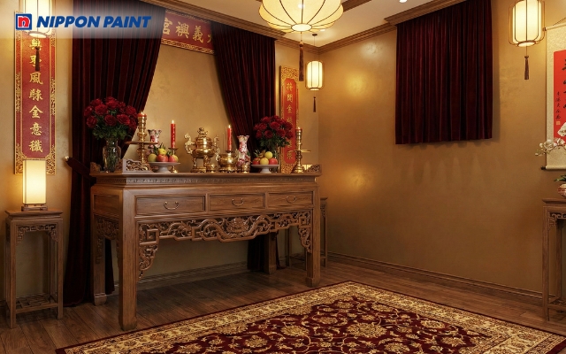 Phòng thờ vàng đồng phối đỏ trầm trang nghiêm ấm cúng