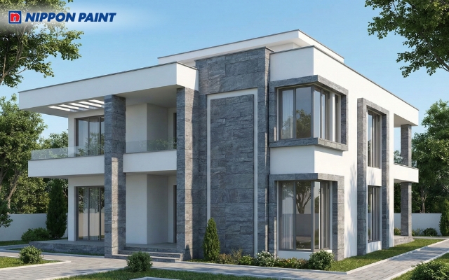 Phối màu mặt tiền biệt thự trắng sứ và xám ghi đá