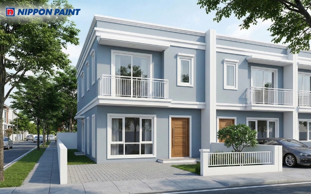 Ngoại thất nhà phố xám xanh phối trắng sứ hiện đại