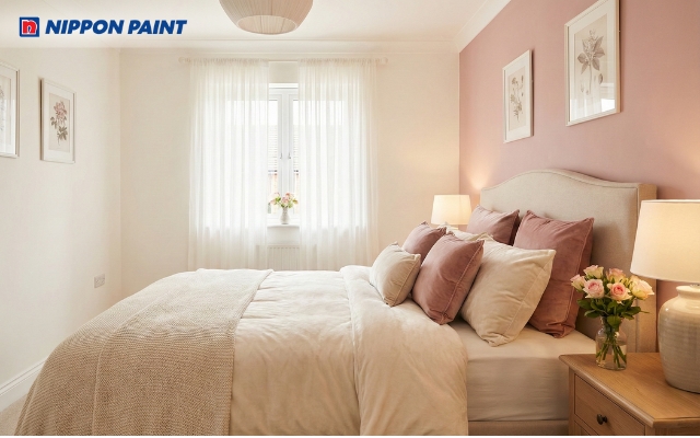 Phòng ngủ hồng pastel lãng mạn phối trắng kem dịu nhẹ