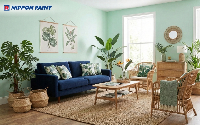 Phòng khách Tropical xanh mint pastel phối xanh