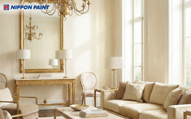 Nội thất phòng khách trắng kem mạ vàng quý phái