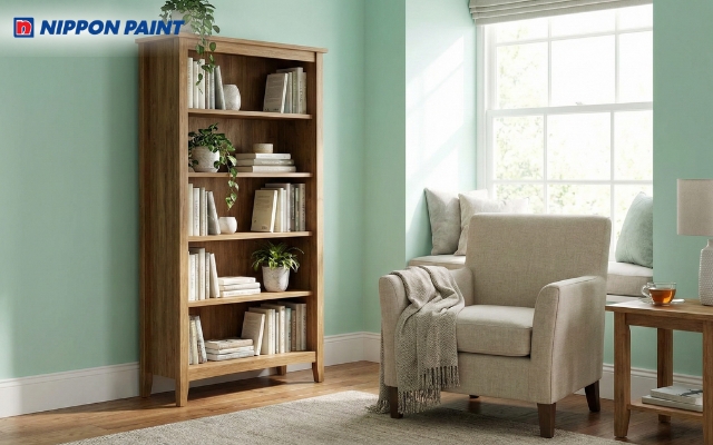 Góc đọc sách xanh bạc hà phối kệ sách gỗ tự nhiên