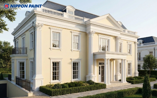 Biệt thự tân cổ điển vàng kem phối phào chỉ trắng