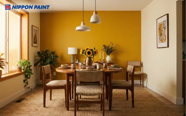 Phòng ăn vàng mù tạt tạo ấm áp và kích thích vị giác