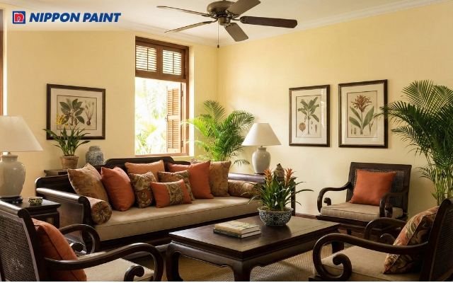 Phòng khách Indochine vàng kem nhấn cam đất nung