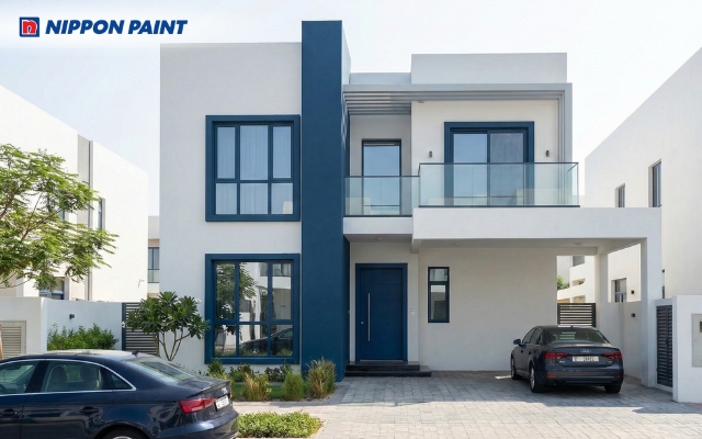 Biệt thự phố trắng sứ điểm nhấn xanh dương classic