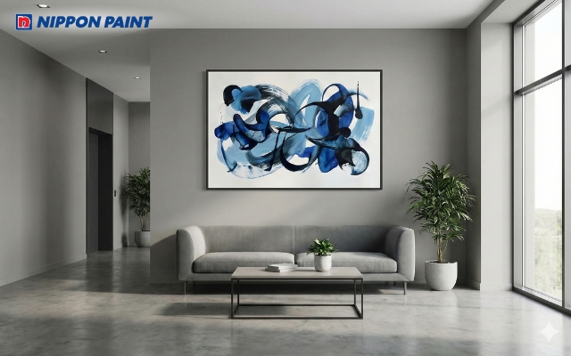 Sảnh đón khách ghi xám nhấn tranh trừu tượng nghệ thuật