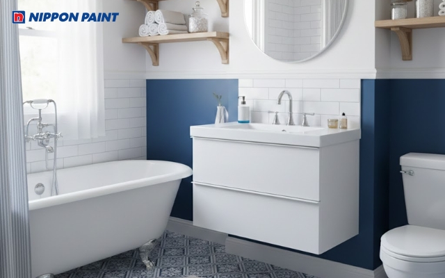 Phòng tắm màu xanh dương phối trắng sang trọng đẳng cấp