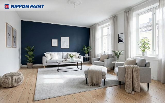 Phòng khách Bắc Âu tông trắng xám nhấn xanh navy đậm