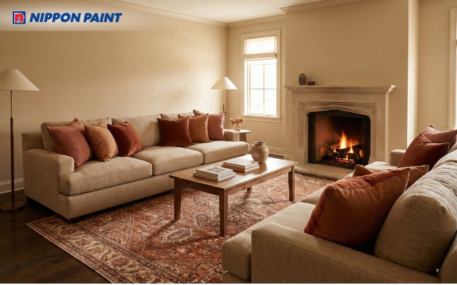 Phòng khách nâu be điểm nhấn gối tựa màu đất nung