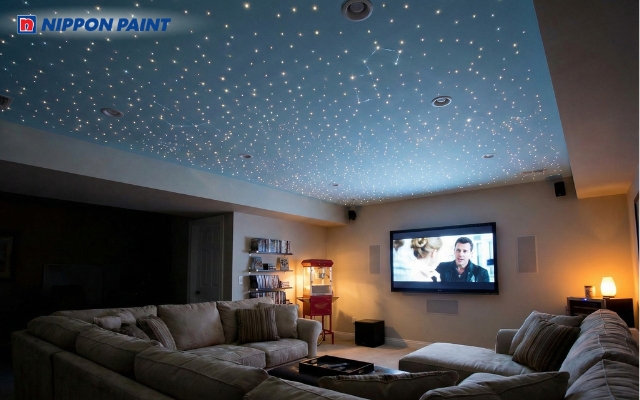 Phòng giải trí trần xanh sky blue hiệu ứng bầu trời đêm