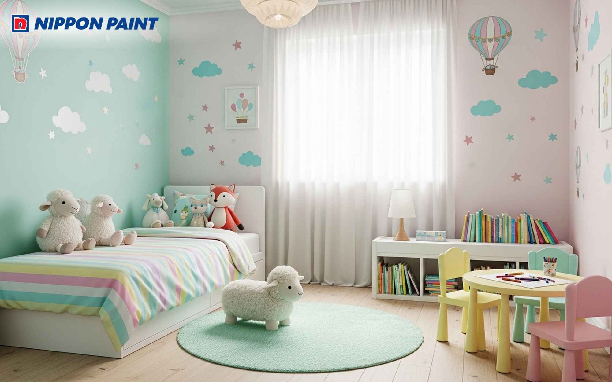 Tường sơn màu xanh Pastel trẻ trung, hiện đại, giúp không gian trở nên tươi mới
