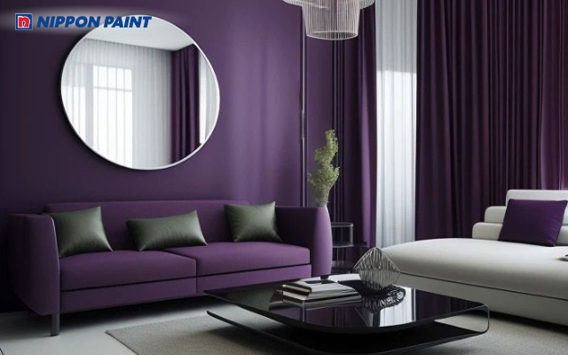 Phòng khách tông tím chủ đạo thể hiện gu thẩm mỹ đẳng cấp của gia chủ