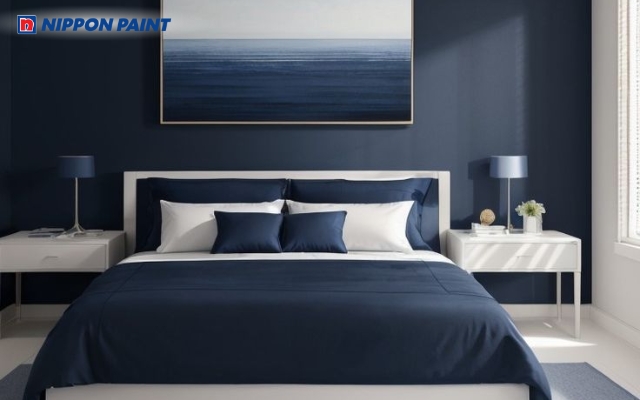 Phối màu xanh dương - trắng cho phòng ngủ sang trọng